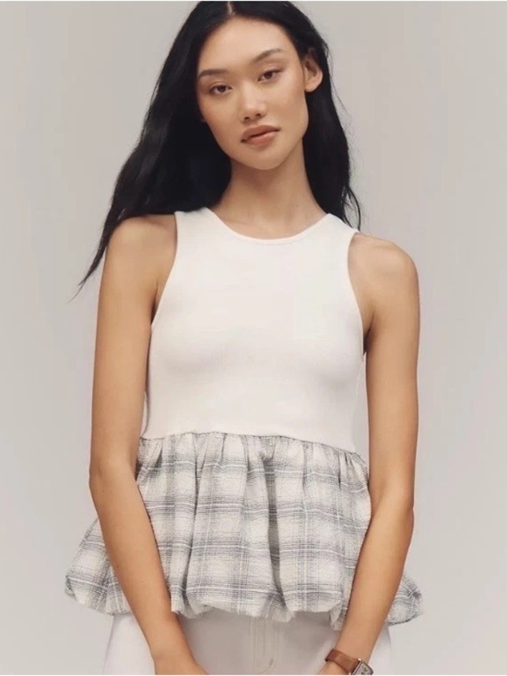 Anthropologie Maeve White Bubble Hem Plaid Peplum Tank Top